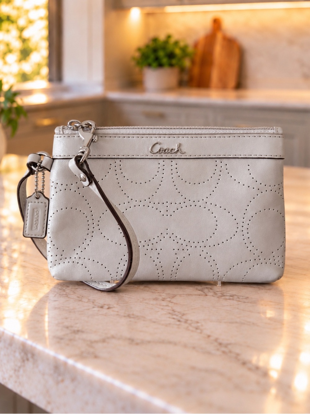 Coach Signature C Perforated Leather Wristlet – Shimmery Grey Silver